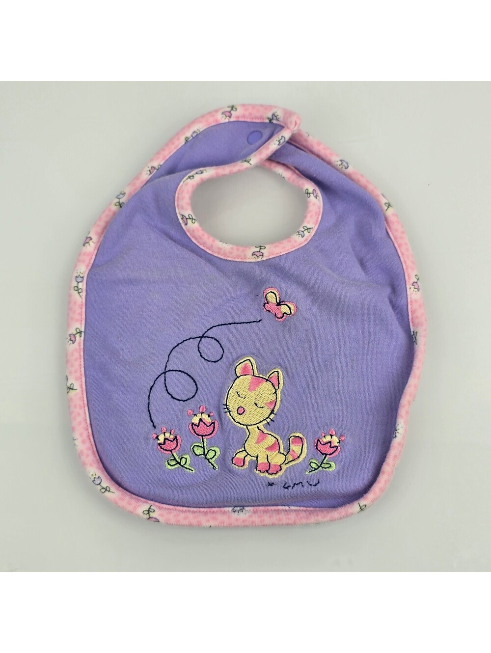 Vintage Carter's Emu Namae Purple Pink Cat Butterfly Flower Baby Bib 2001 RARE